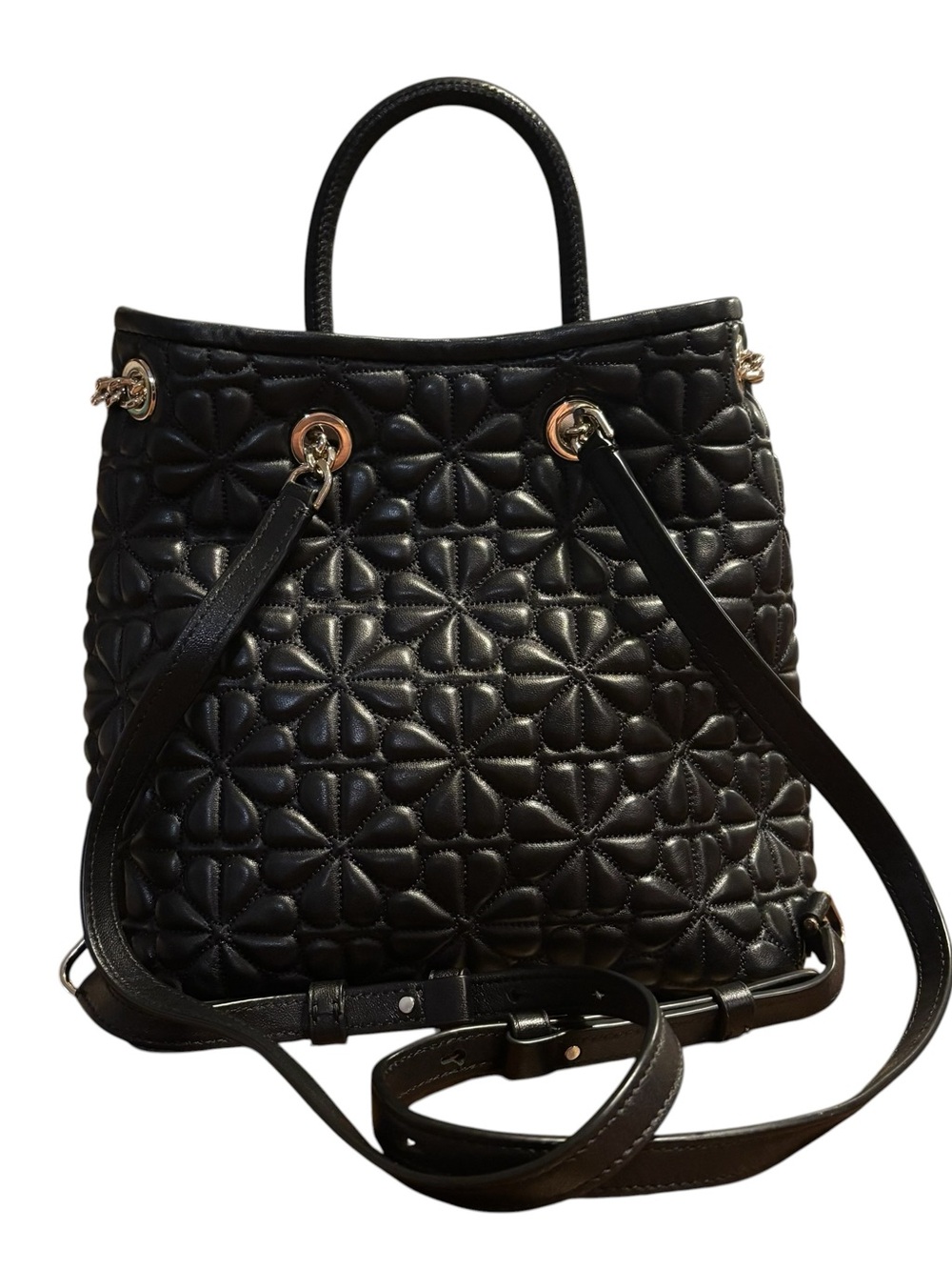 Kate Spade Bloom Medium Quilted Leather Backpack Black Drawstring Chain - Picture 3 of 11